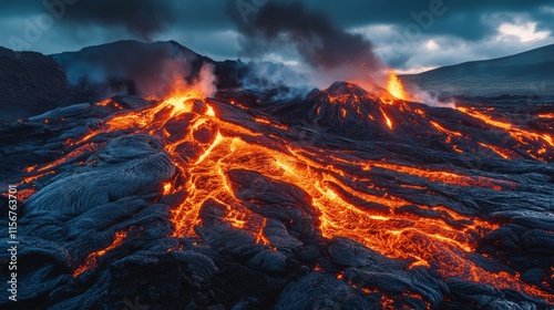 Molten Lava Flowing From Volcano