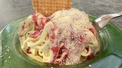 Close up of eating spaghetti ice cream