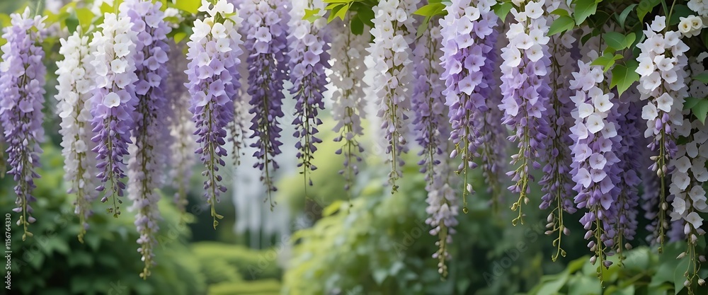 Obraz premium Wisteria Cascading Beauty: Serene Lavender and White Blooms