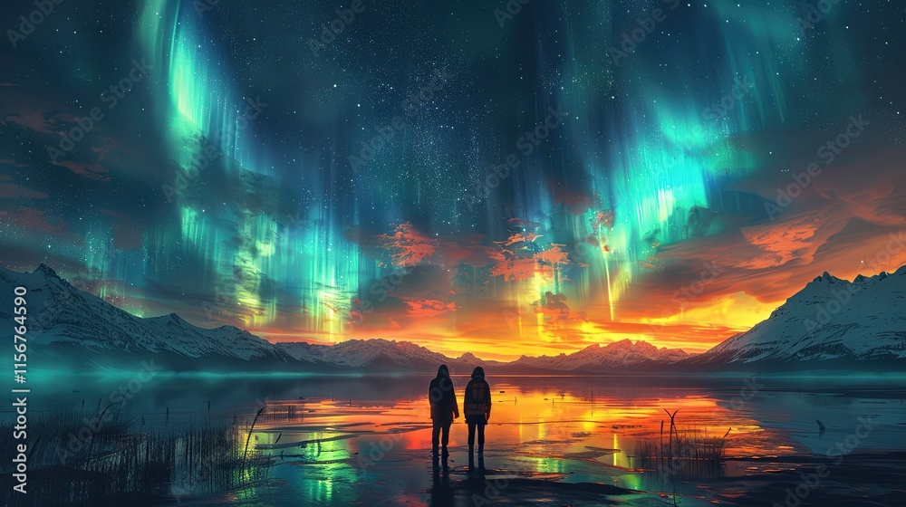 flat design, illustration, The Unforgettable Northern Lights: A couple travels to witness the Aurora Borealis flat design, illustration, The Unforgettable Northern Lights: A couple travels to witness the Aurora Borealis