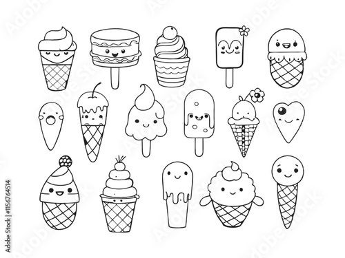 hand drawn illustration of various cute ice creams for children coloring book pages photo