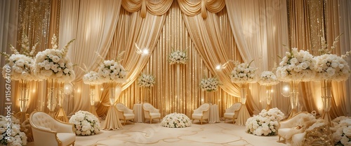 Elegant Wedding Stage: Golden Drapes, White Roses, and Luxurious Seating photo