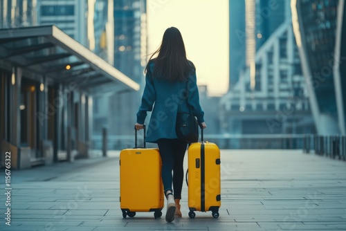 Young woman traveler walking with vibrant yellow luggage in an urban cityscape photo