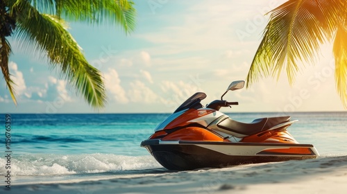 Jet ski park at sandy sea beach with coconut tree. Summer tropical sports