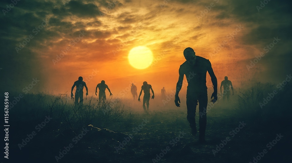 Fototapeta premium Grimly Stalking Zombies at Sunset: A Darkly Atmospheric Digital Painting. AI Generated
