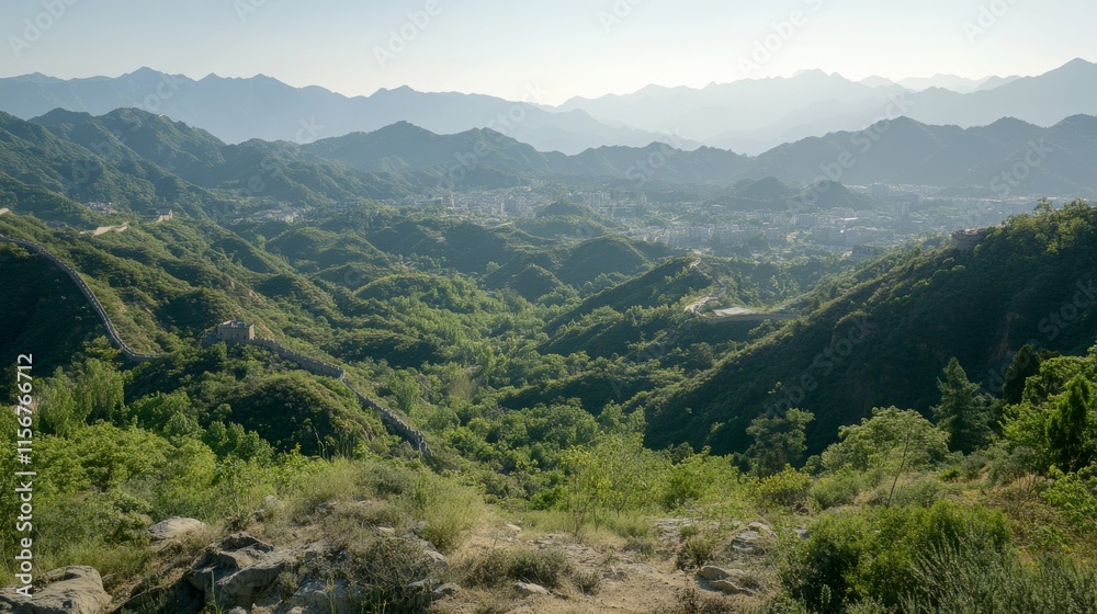 Naklejka premium Stunning Panoramic View of Lush Green Mountains in Daylight with Clear Blue Sky and Serene Landscape in the Distance, Perfect for Nature and Travel Themes