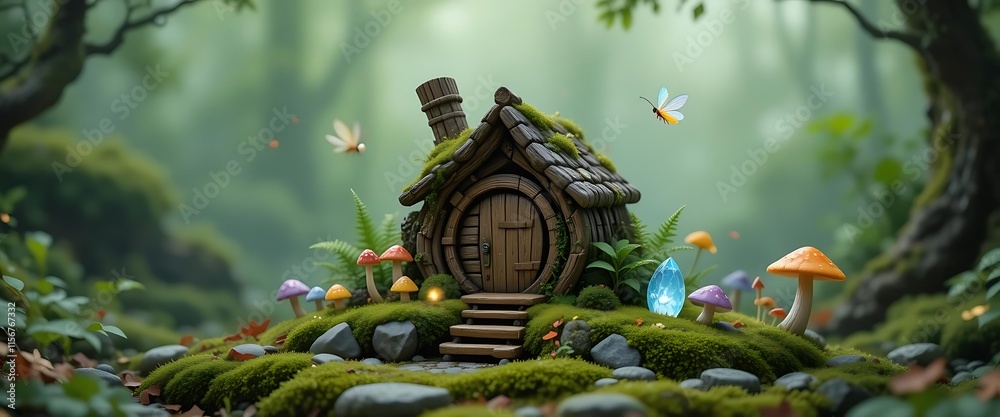 Fototapeta premium Enchanted Forest Cottage: A Whimsical, Mossy Haven