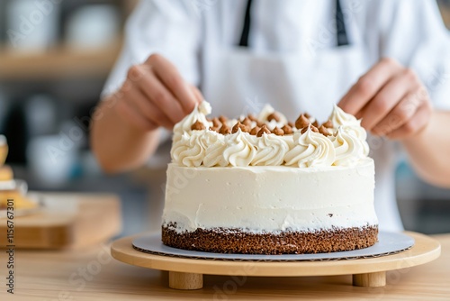 A chef decorates a creamy cake with whipped cream and nuts, showcasing a delightful dessert on a wooden stand.