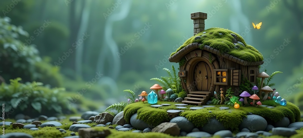 Fototapeta premium Enchanted Mossy Cottage: A whimsical, fairytale forest house
