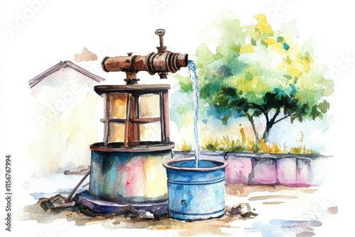 A vibrant watercolor illustration of a water well with a pump, surrounded by lush greenery, symbolizing nature's resourcefulness. photo