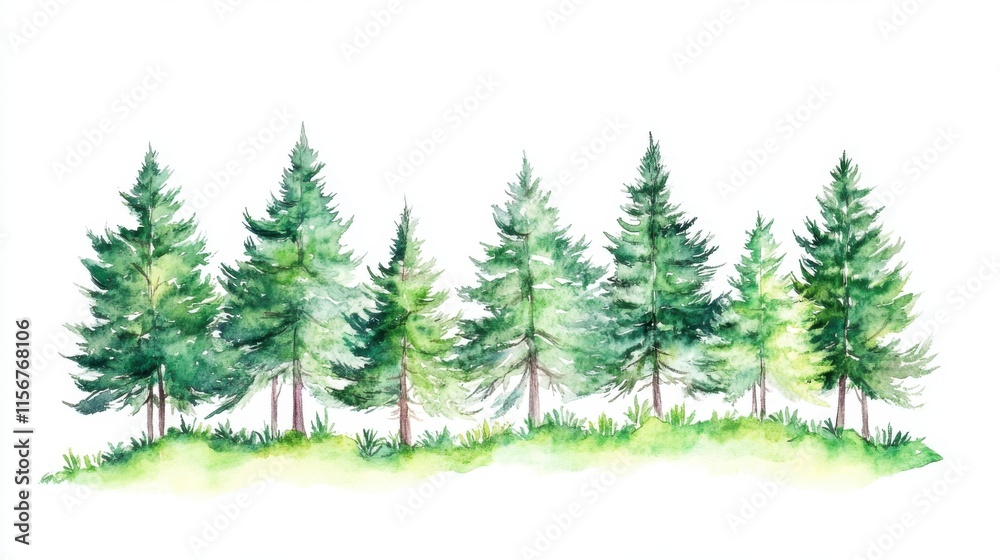 Obraz premium A vibrant watercolor illustration of lush evergreen trees, showcasing nature's beauty and serene forest landscapes.