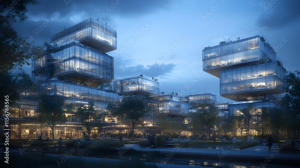 Fototapeta premium Modern Glass Office Buildings Illuminated at Dusk