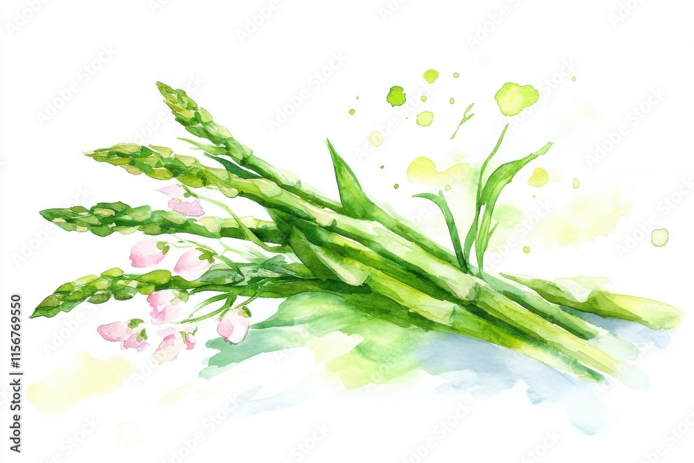Obraz premium Vibrant watercolor painting of fresh asparagus with delicate pink flowers, showcasing nature's beauty and freshness.
