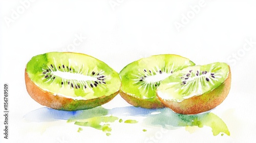 Vibrant watercolor illustration of kiwi slices showcasing their lush green flesh and unique texture on a clean white background.