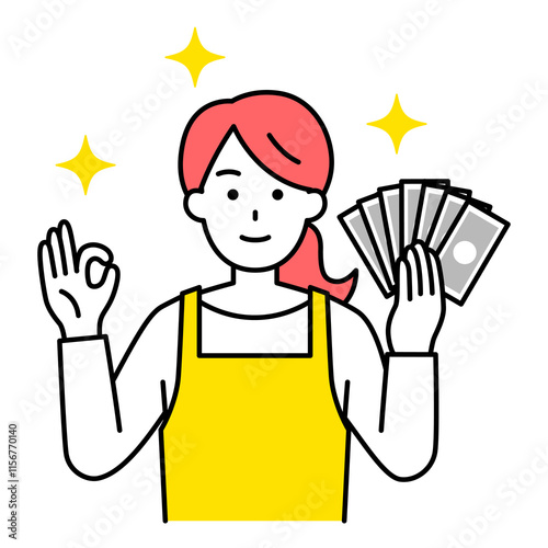 お金を持ってOKサインをするエプロン姿の女性