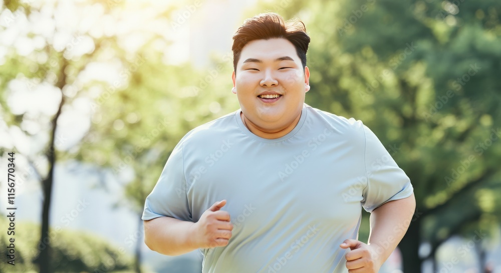 Obraz premium Asian young adult male jogging in park on a sunny day promoting healthy lifestyle and fitness