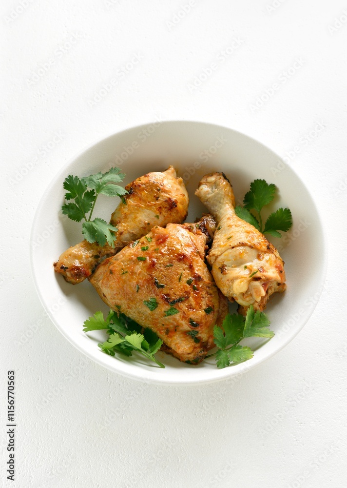Fototapeta premium Baked chicken meat with herbs in bowl