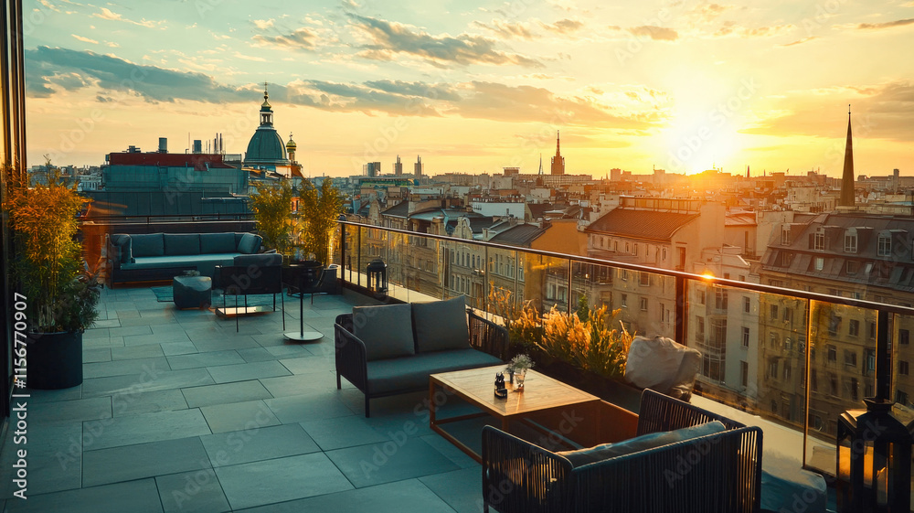 Fototapeta premium A stylish penthouse offering panoramic views of the city skyline, featuring high-end furniture and a spacious rooftop terrace, perfect for luxurious living and entertaining. 