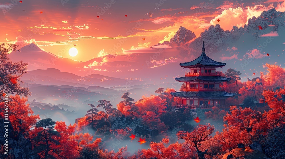 flat design, illustration, The Temple on the Hill: A peaceful journey to a mountaintop temple