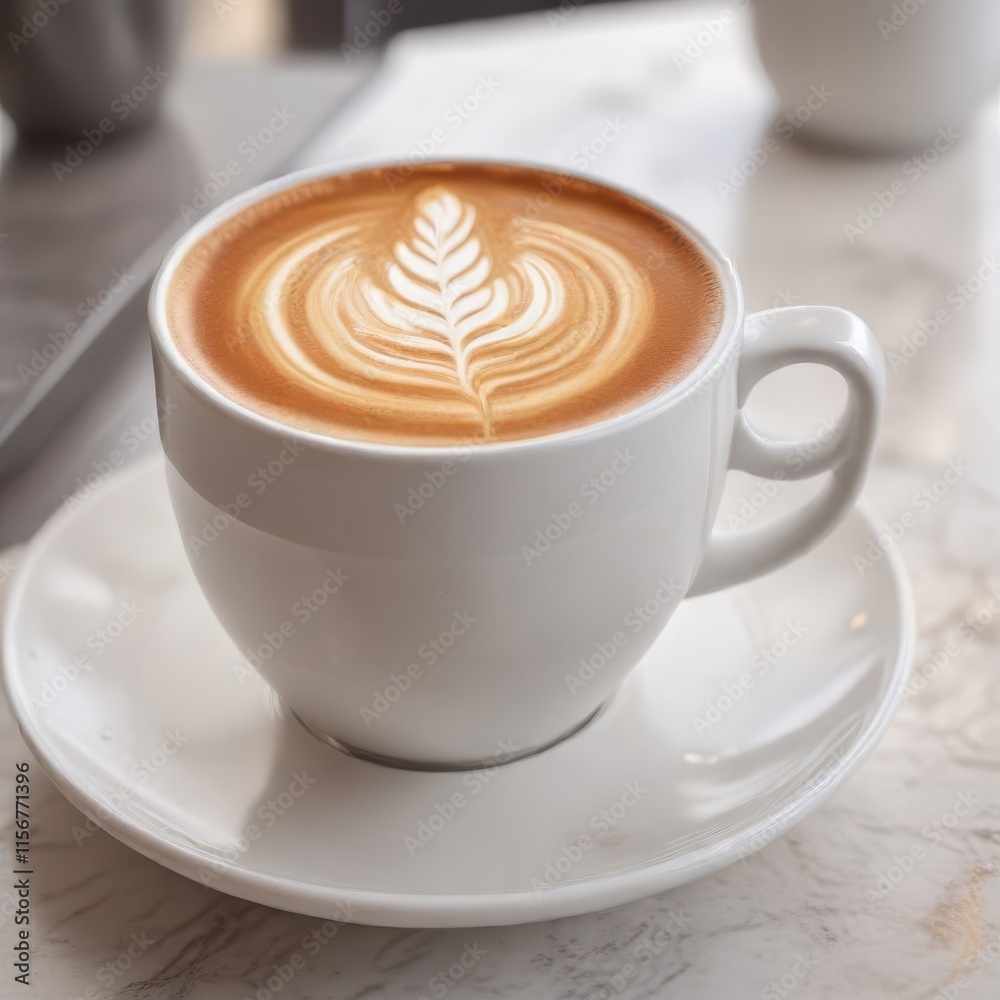 Close-up of elegant rosetta latte art in a white ceramic cup , rosetta, cup, coffee bean Close-up of elegant rosetta latte art in a white ceramic cup , rosetta, cup, coffee bean
