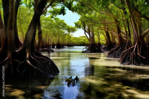 3 mangroves coastal forests with roots submerged in brackish wat