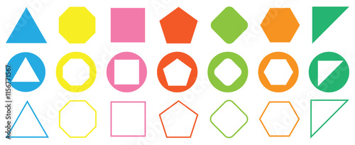 Various number of geometric shape. Different types of regular polygons. 2d geometric shapes. triangle, square, pentagon, hexagon, heptagon, octagon, nonagon, decagon, hendecagon, dodecagon vector.