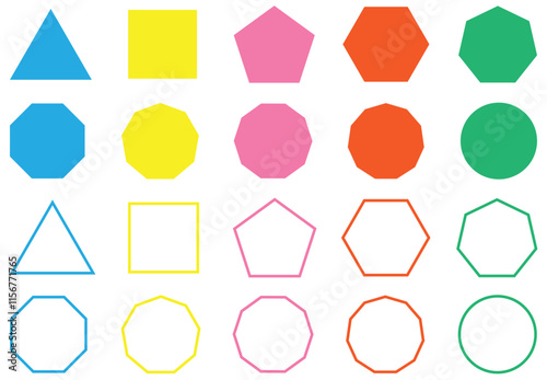 Different types of regular polygons. 2d geometric shapes. triangle, square, pentagon, hexagon, heptagon, octagon, nonagon, decagon, hendecagon, dodecagon vector. Various number of geometric shapes.