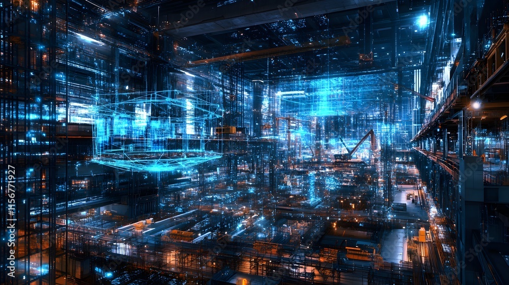 Futuristic Cityscape Digital Overlay Industrial Complex