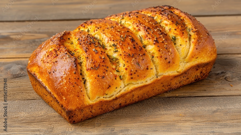 Food trends vegan concept. A golden-brown loaf of freshly baked bread with a crispy crust, featuring neat slashes on top, resting on a rustic wooden surface. Food trends vegan concept. A golden-brown loaf of freshly baked bread with a crispy crust, featuring neat slashes on top, resting on a rustic wooden surface.