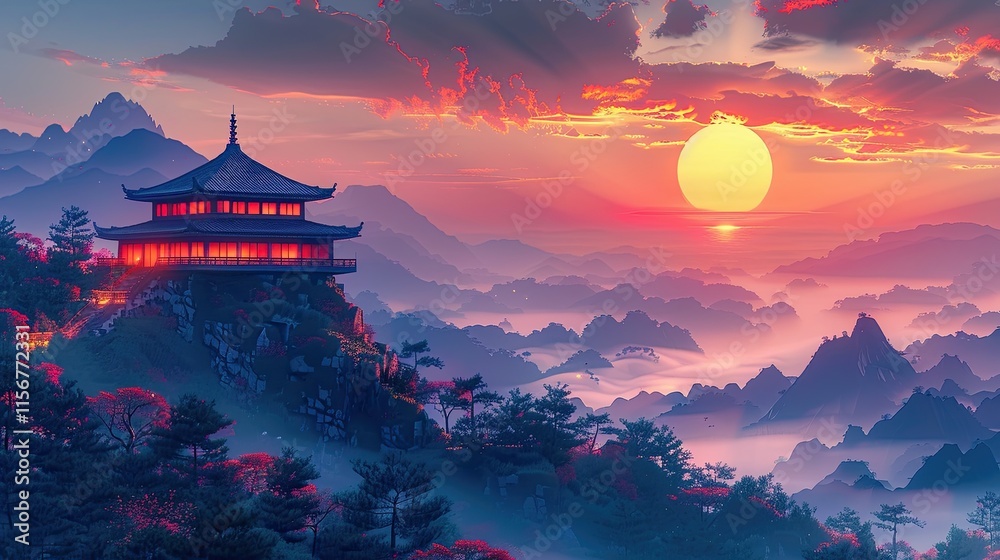 flat design, illustration, The Temple on the Hill: A peaceful journey to a mountaintop temple flat design, illustration, The Temple on the Hill: A peaceful journey to a mountaintop temple