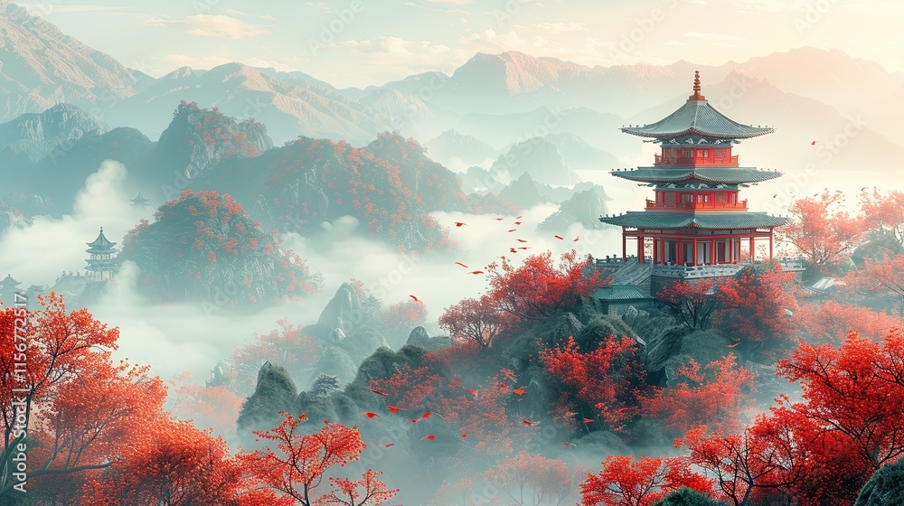 Obraz premium flat design, illustration, The Temple on the Hill: A peaceful journey to a mountaintop temple