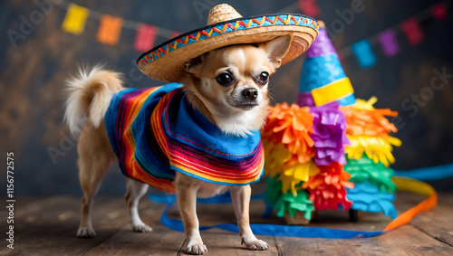 cheerful chihuahua wearing tiny sombrero and colorful poncho stands beside vibrant pinata, celebrating festive occasion with joy and excitement