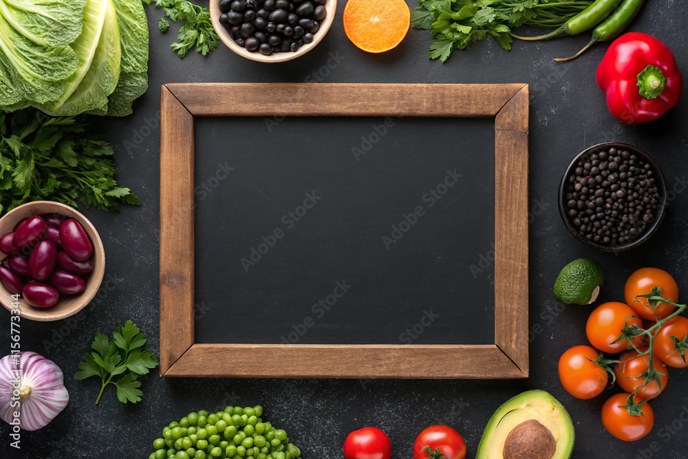 Frame of organic food. Fresh raw vegetables with black beans. On a black chalkboard. Frame of organic food. Fresh raw vegetables with black beans. On a black chalkboard.