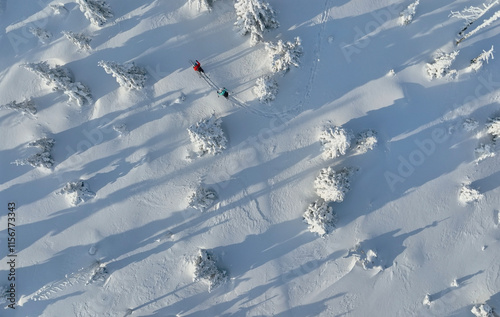 Aerial view of ski touring man and woman with snow shoes crossing winter mountains, fresh snow. photo