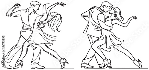 Salsa dance vector. Set of elegant couple dancing salsa. Retro style. Outline silhouettes of people dancing salsa and musicians playing Latin vector