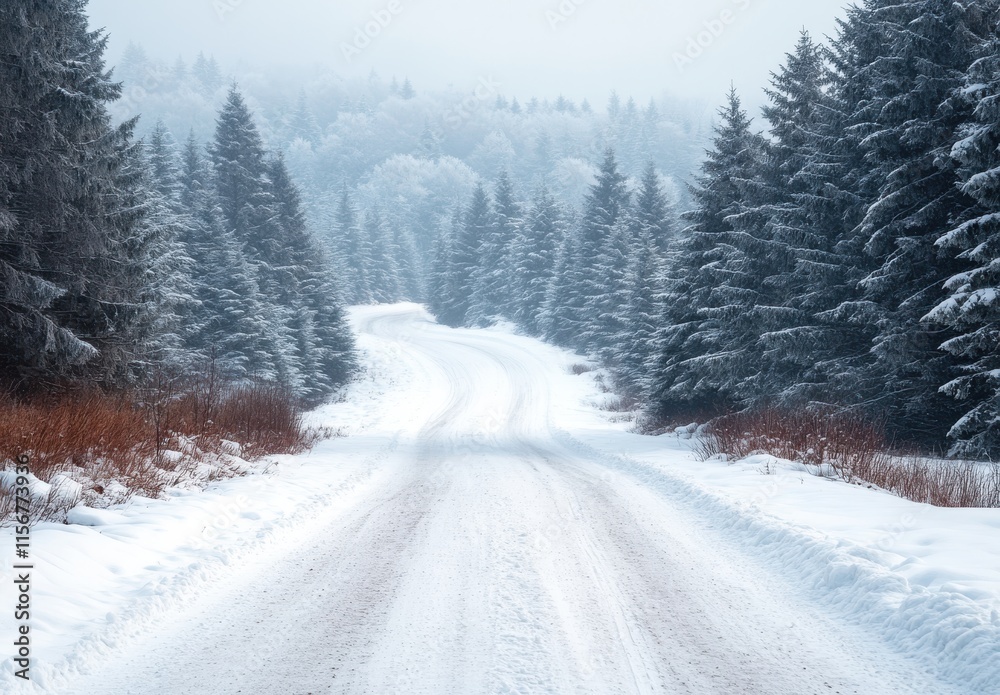 Fototapeta premium Serene Snowy Road Winding Through Winter Forest Landscape with Evergreen Trees and Soft Winter Light in Tranquil Scenic Beauty
