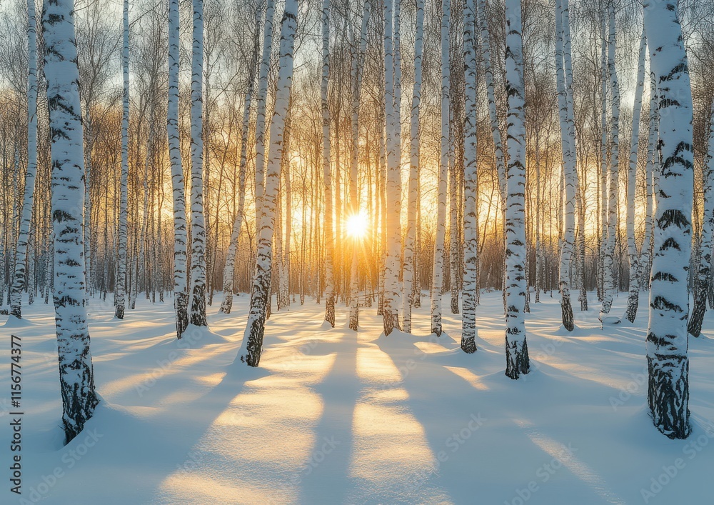 Serene Winter Forest at Sunrise with Snow-Covered Ground and Tall Birch Trees Casting Shadows in Soft Morning Light