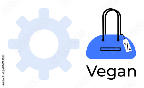 Gear icon beside blue handbag labeled Vegan. Ideal for fashion, sustainability, lifestyle, eco-consciousness, vegan products, retail, marketing. Line metaphor