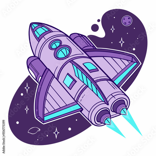 A large spaceship with blue glowing engines glides through space.