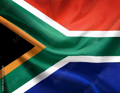 South Africa national flag blowing with mast. The flag waving in beautiful sky. South Africa national flag for independence day. photo