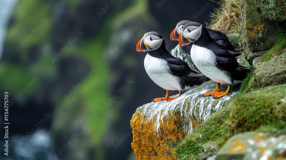 Fototapeta premium Puffins on Rocky Coastline