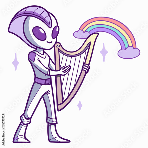 A purple alien with a distinctive head shape and small antennae holding a semicircular harp. The rainbow emanating from the harp gives a magical atmosphere