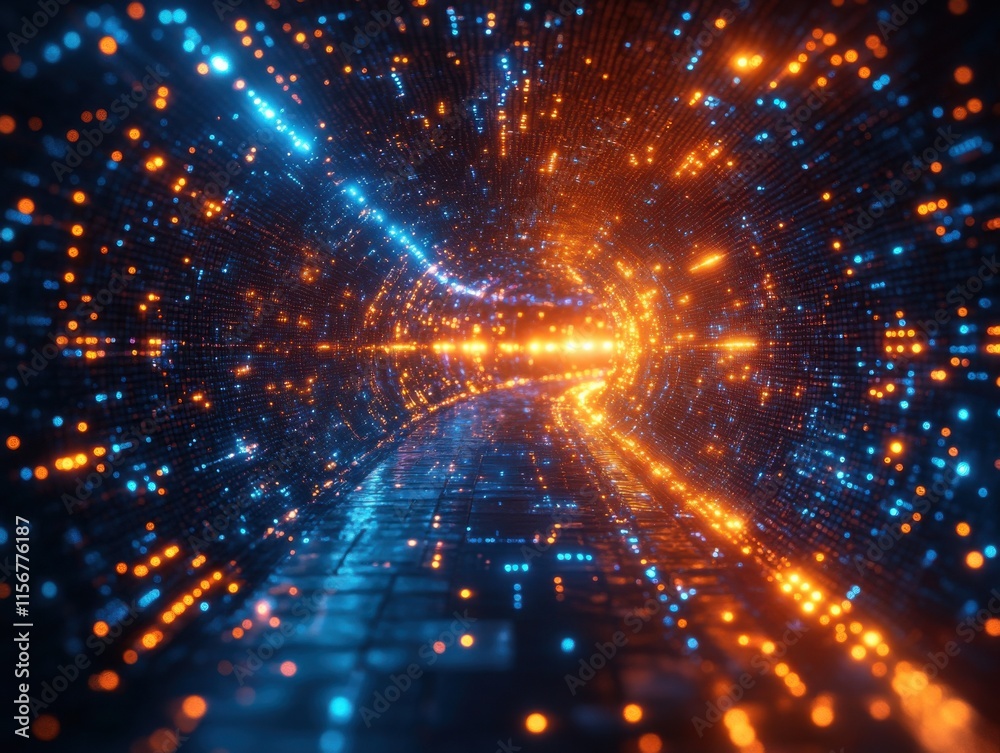 A vibrant abstract image depicting a tunnel of glowing data streams in blue and orange, symbolizing futuristic data transfer and technology. A vibrant abstract image depicting a tunnel of glowing data streams in blue and orange, symbolizing futuristic data transfer and technology.