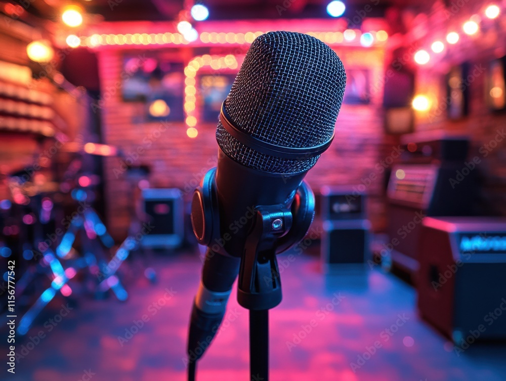 A close-up of a microphone and headphones in a vibrant studio setting, ready for a podcast recording with colorful lighting and equipment. A close-up of a microphone and headphones in a vibrant studio setting, ready for a podcast recording with colorful lighting and equipment.