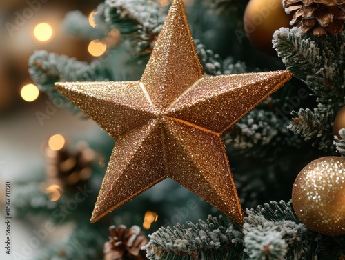 A golden star Christmas tree topper shines atop a frosty green tree, creating a festive and cinematic ambiance. Warm lights and pine cones enhance the holiday spirit. photo