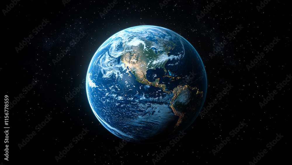 Obraz premium A blue and white planet with a black background. The planet is the center of the image and is surrounded by a dark sky