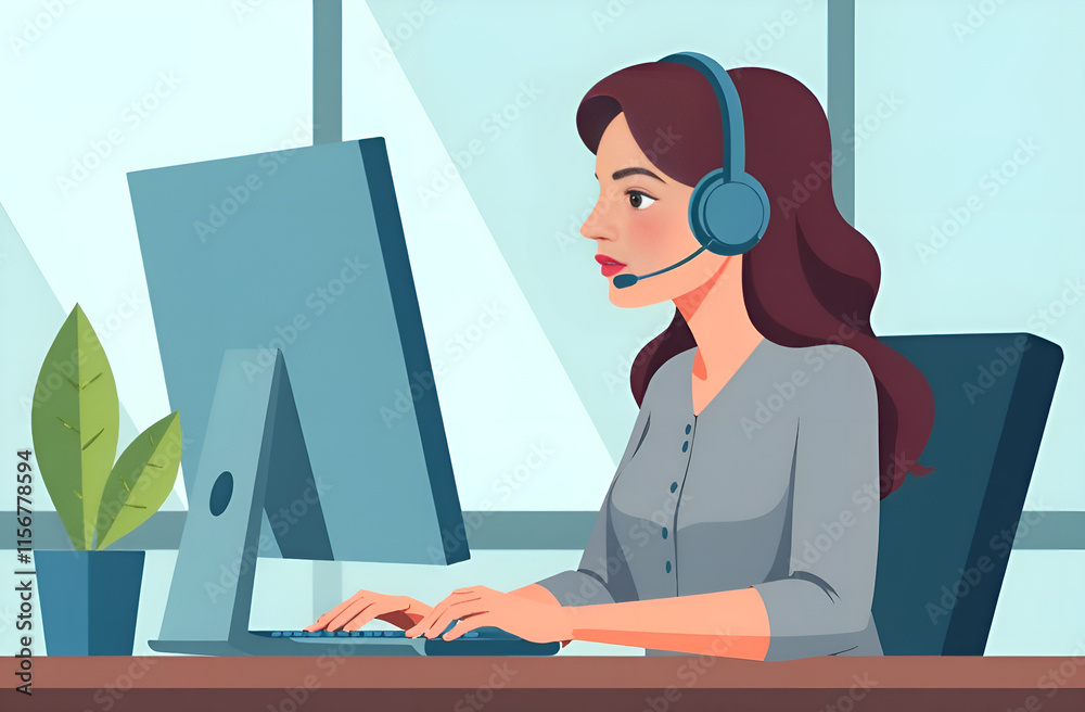 A woman is sitting in front of a computer while wearing a headset.