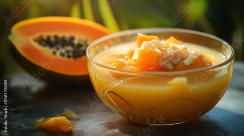 Delicious shredded papaya dessert with fresh papaya slices in the background. photo