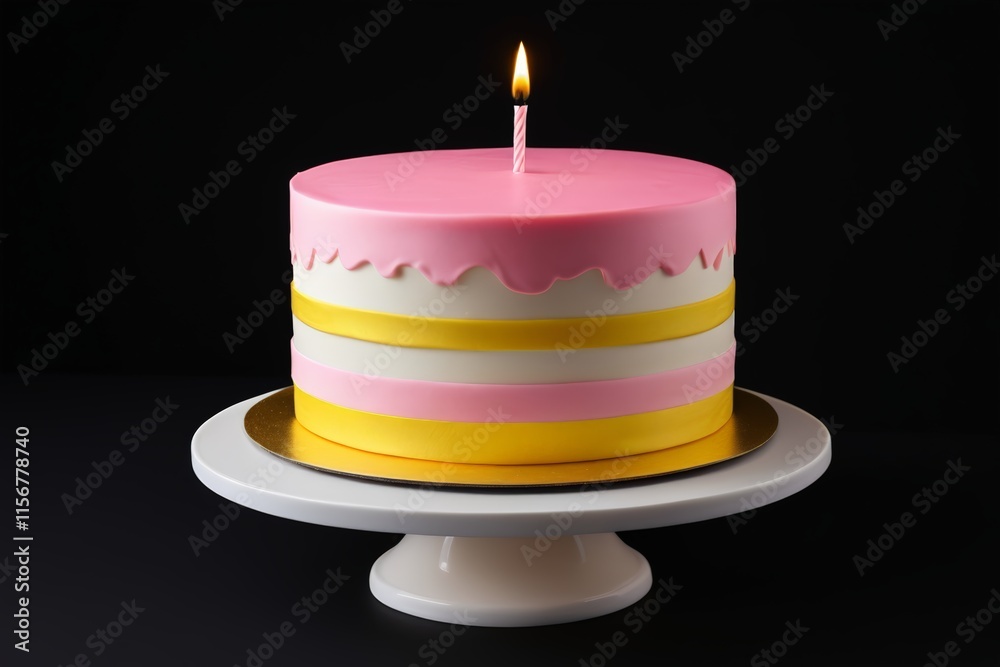 there is a pink cake with a single candle on top there is a pink cake with a single candle on top