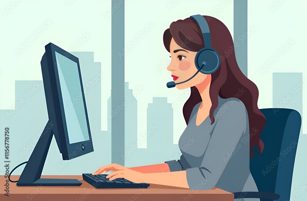 A woman is sitting in front of a computer while wearing a headset.